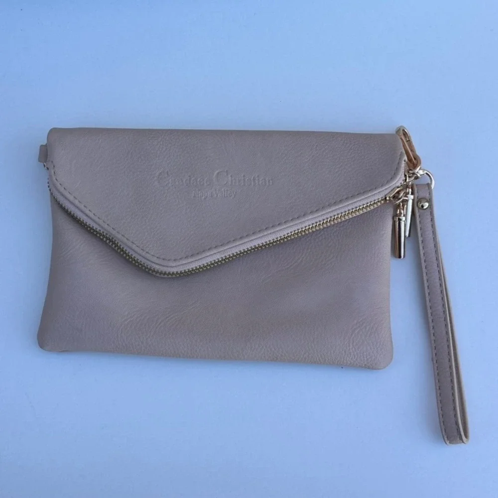Candace Christian Napa Valley Taupe Leather Envelope Wristlet Clutch - No Strap
